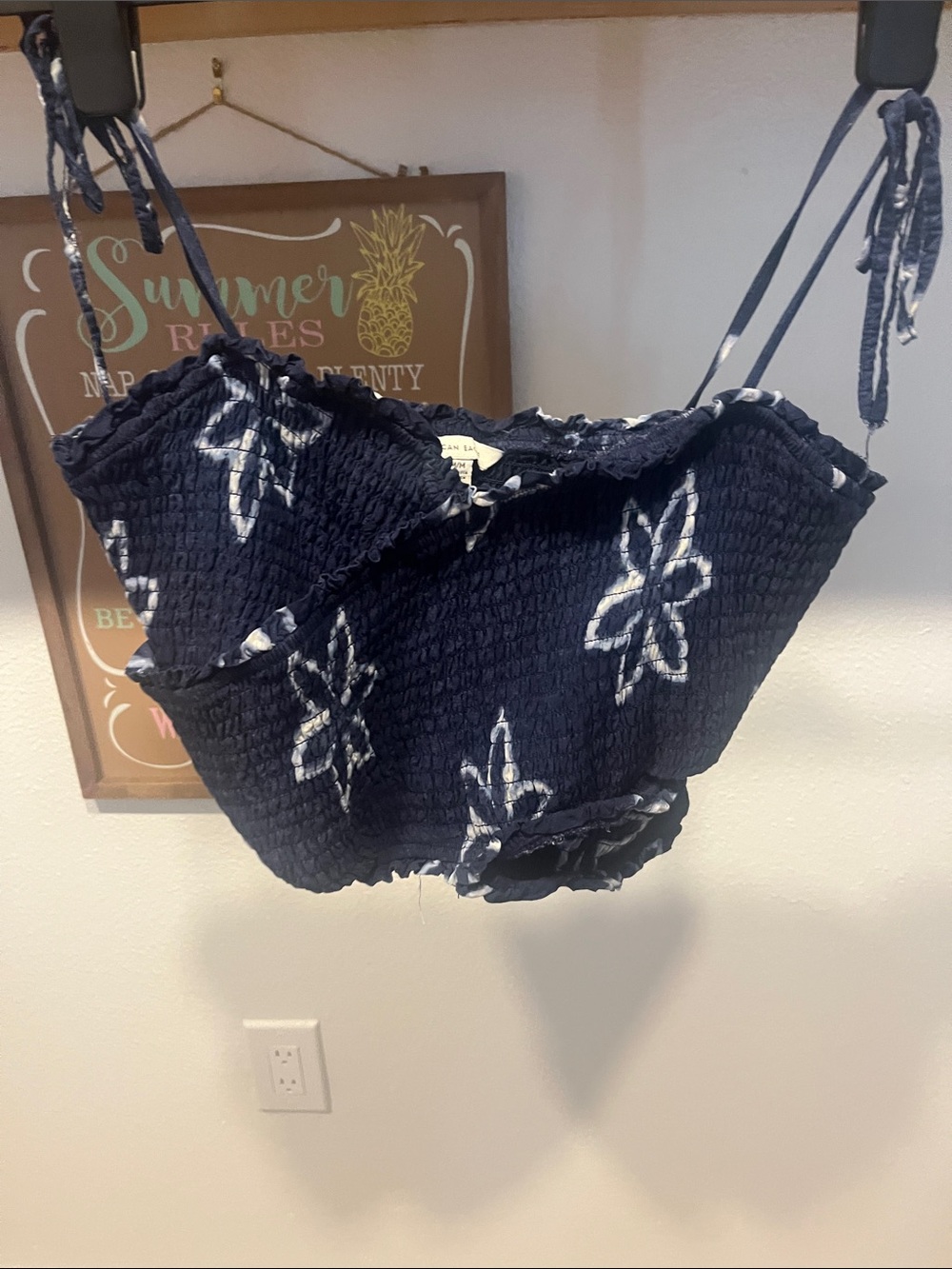 American Eagle Outfitters Navy Floral Smocked Tie-Strap Cami